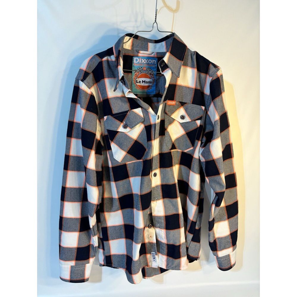 Dixxon Shirt Mens Small s White Blue Le Mans Plaid Button Up Flannel Pockets